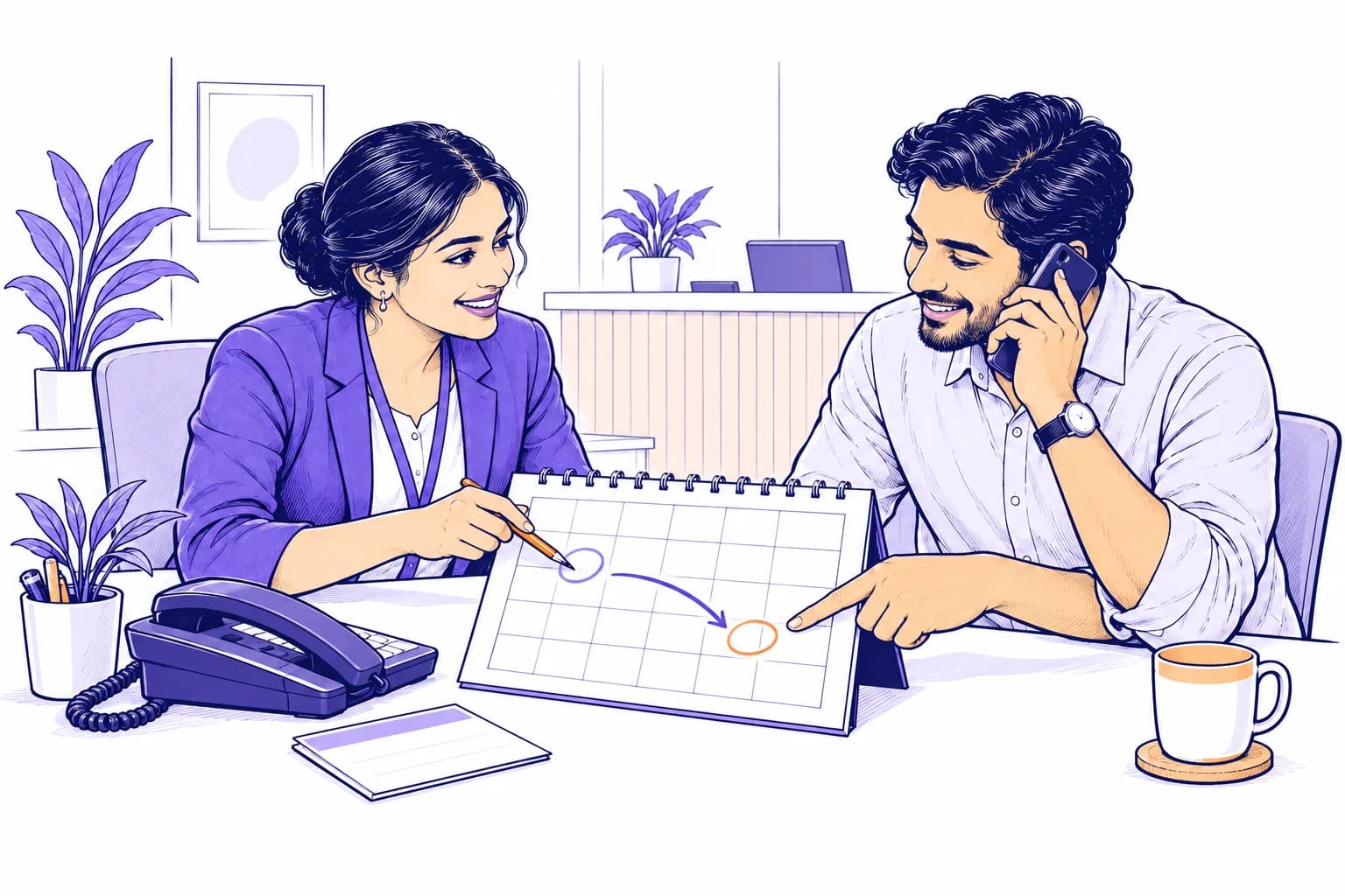 An administrator and caller arrange an appointment change on a blank calendar.