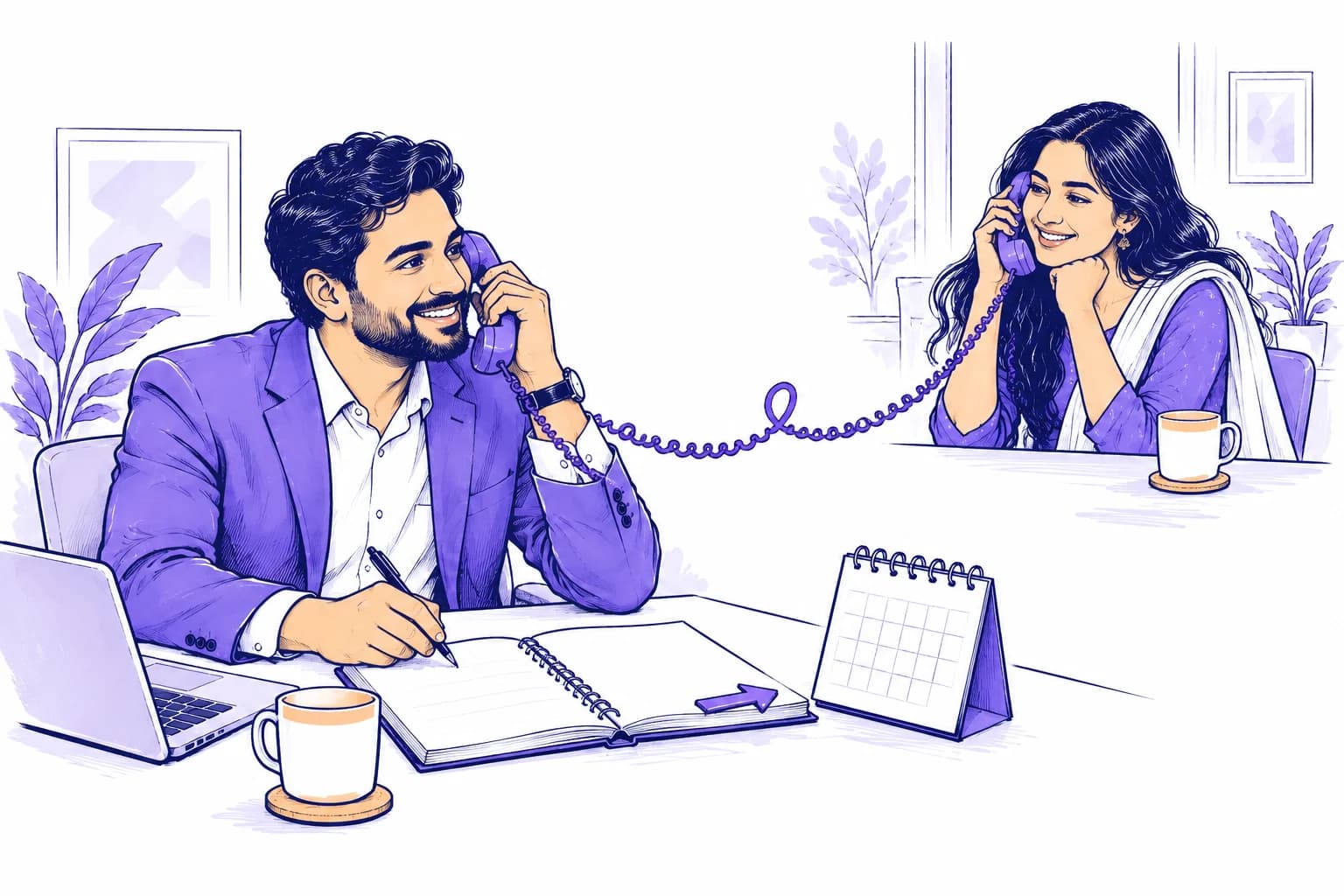 A salesperson follows up with a customer beside a calendar and enquiry notebook.