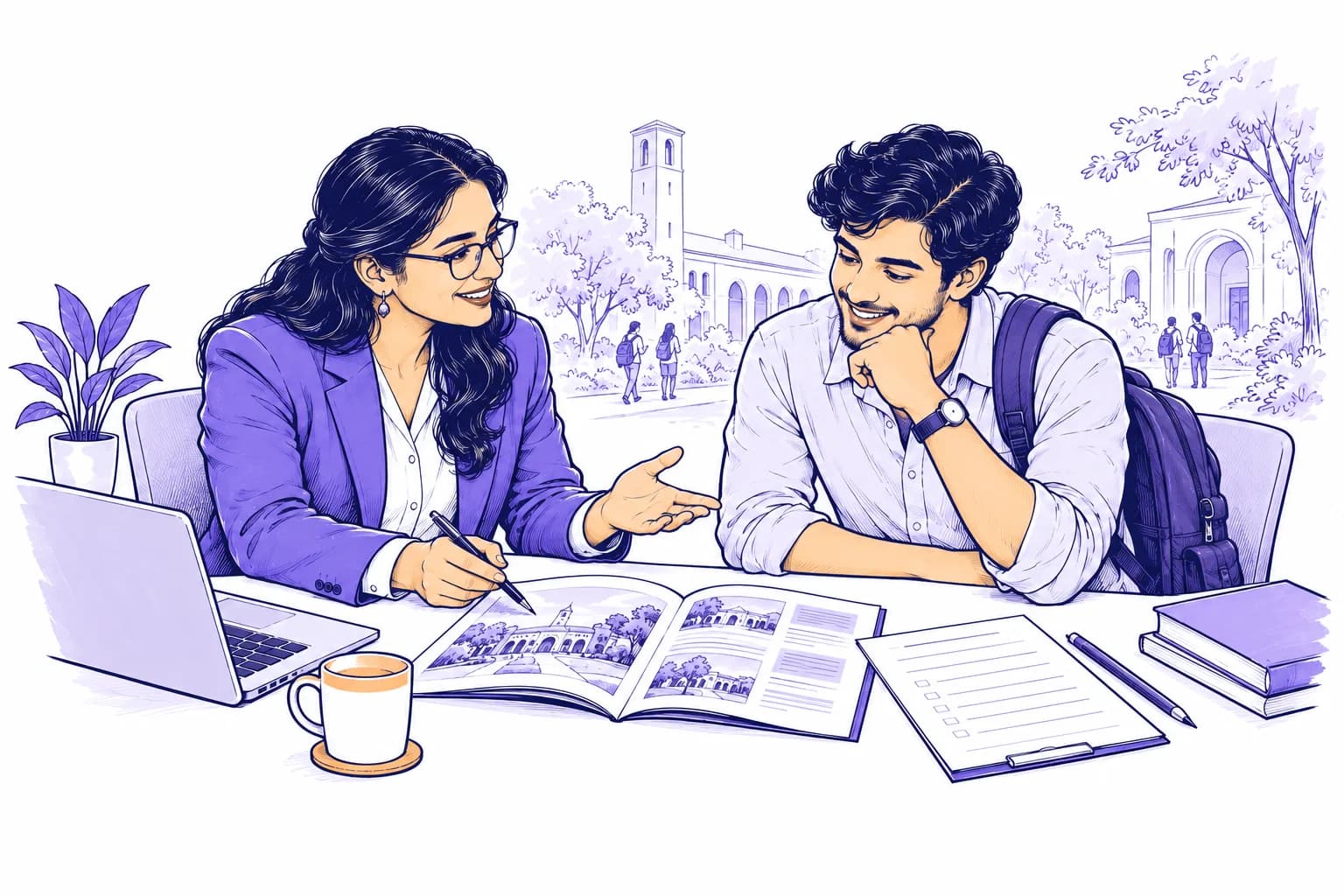An admissions counsellor helps a student with a prospectus and application enquiry.
