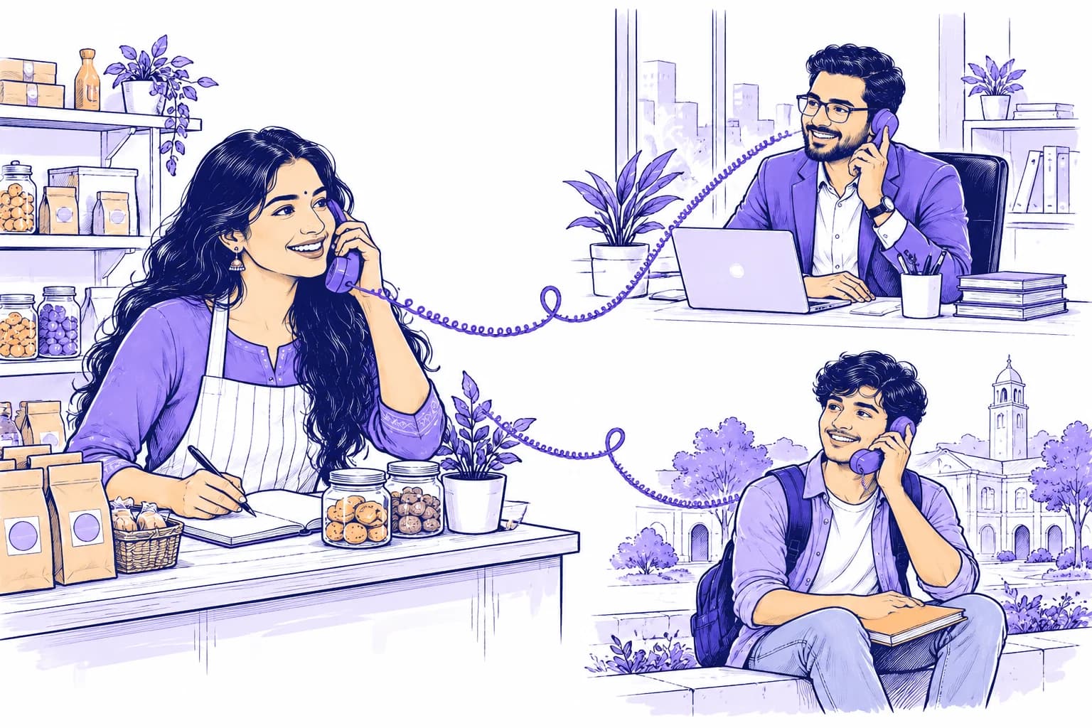 An Indian shopkeeper, office worker and student connected by a violet telephone cord.