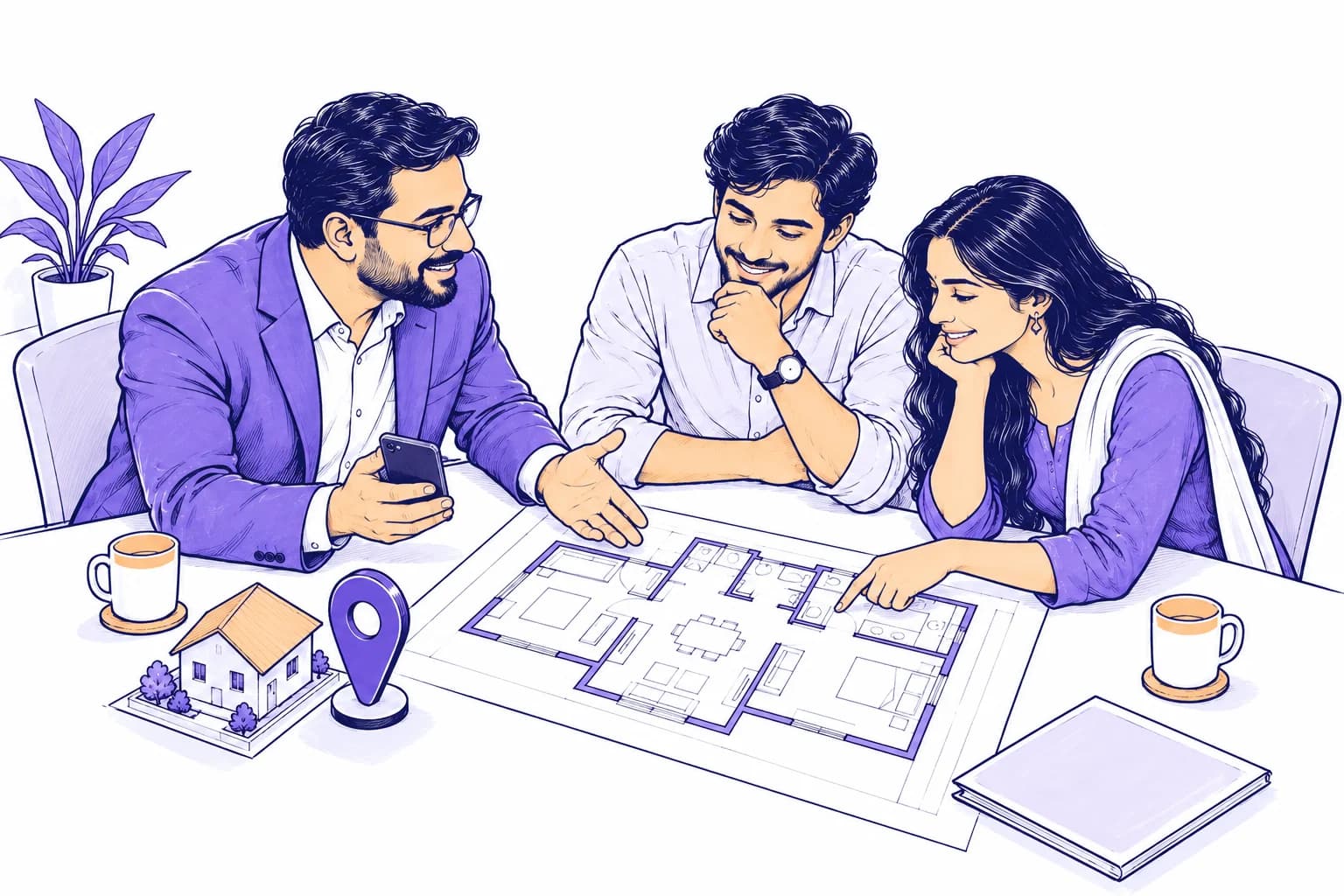 A property advisor discusses a floor plan and buyer requirements with a couple.