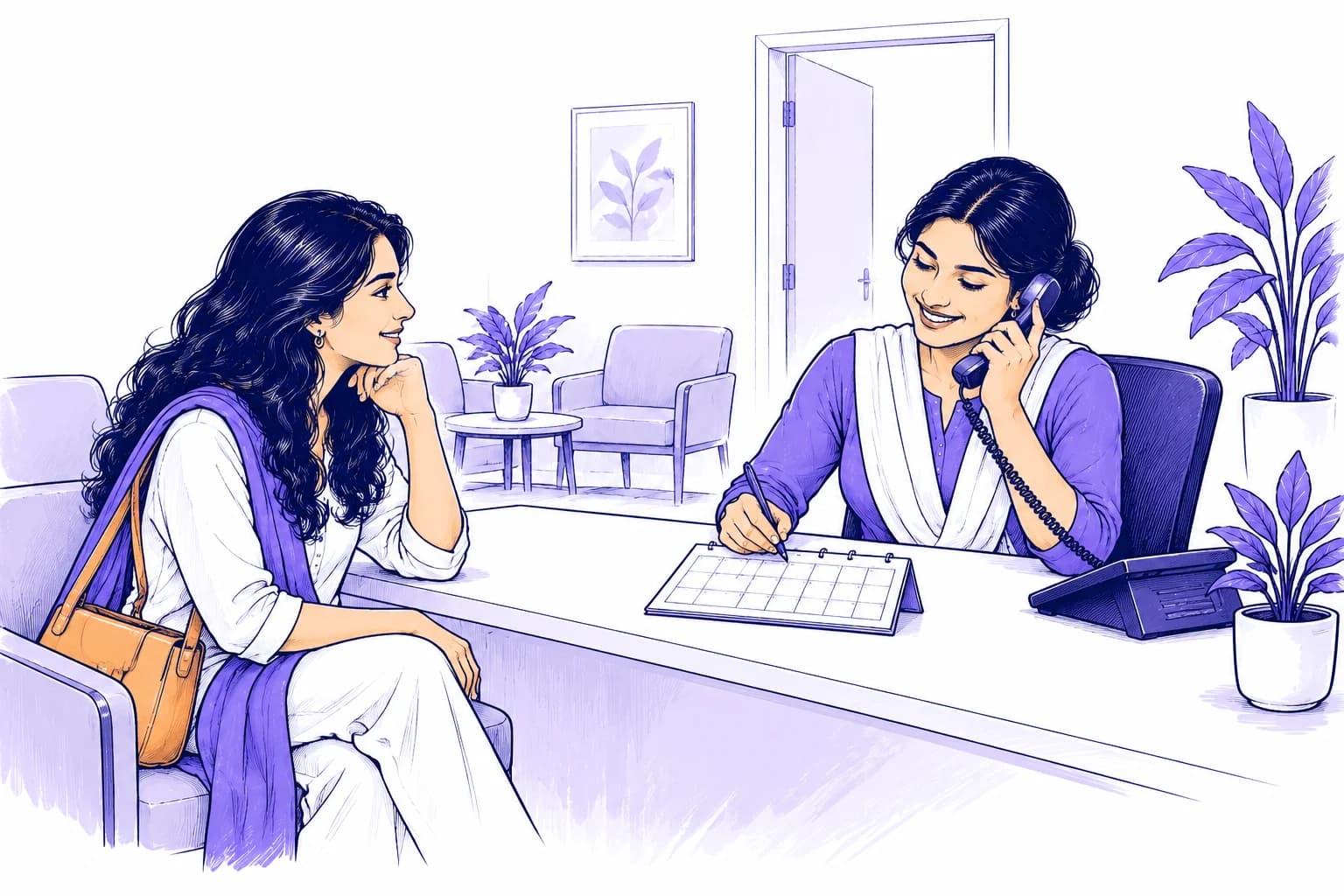A clinic receptionist records appointment preferences beside a waiting visitor.