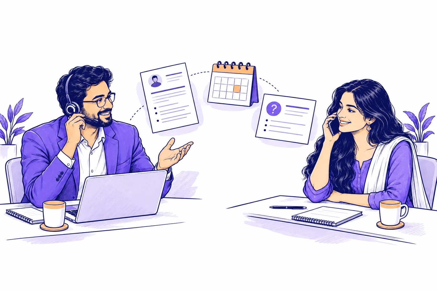 A recruiter and candidate discuss a role with a resume and interview calendar between them.