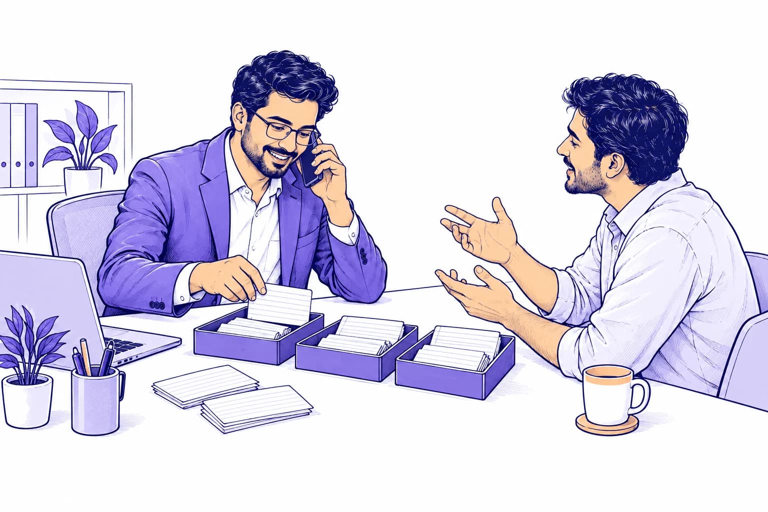 A salesperson sorts enquiry cards while listening to a prospective customer.