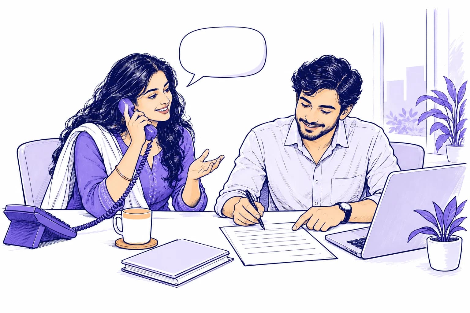 An entrepreneur confirms phone-call details while a colleague checks an enquiry form.