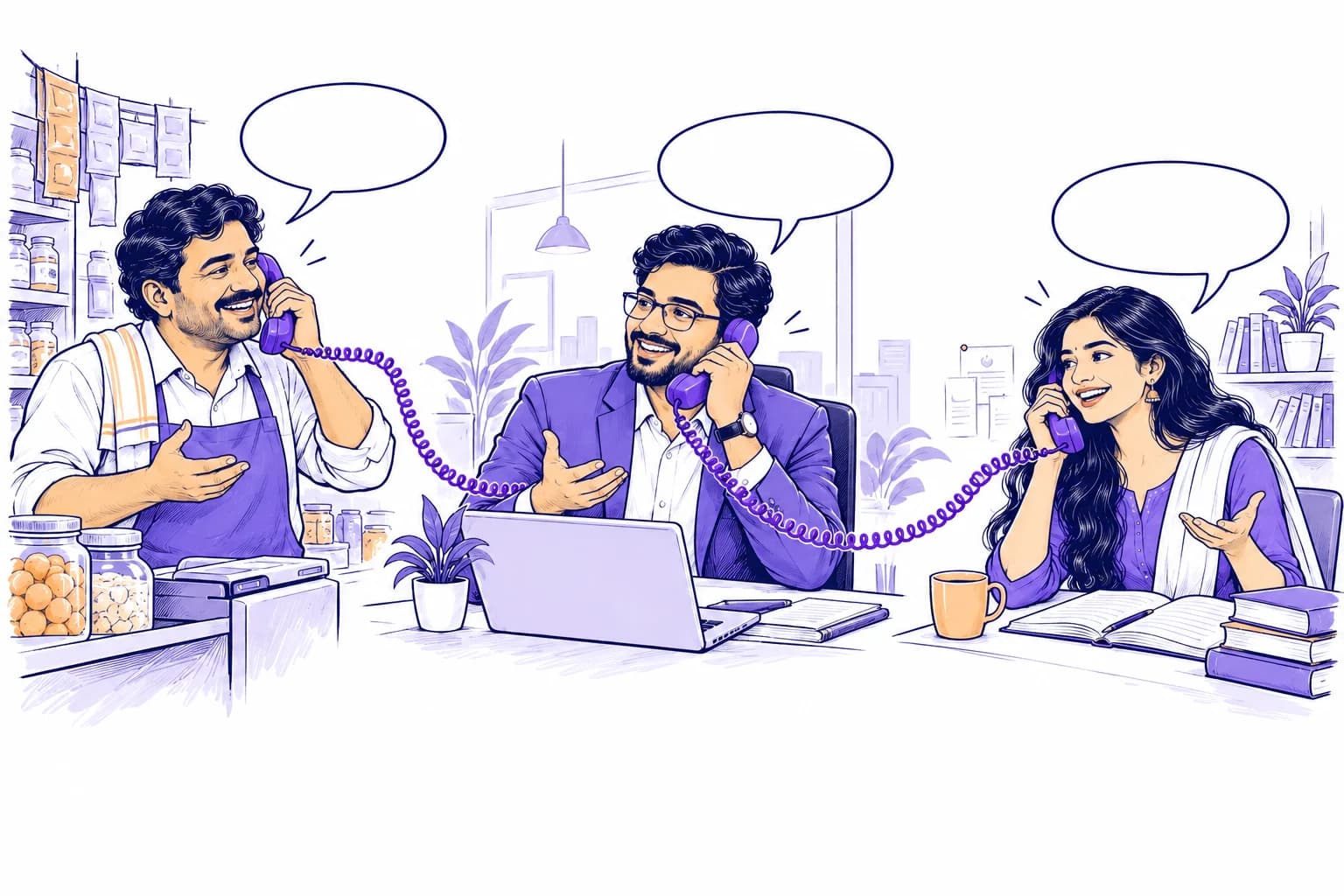 A shopkeeper, professional and student share a conversation across connected phones.