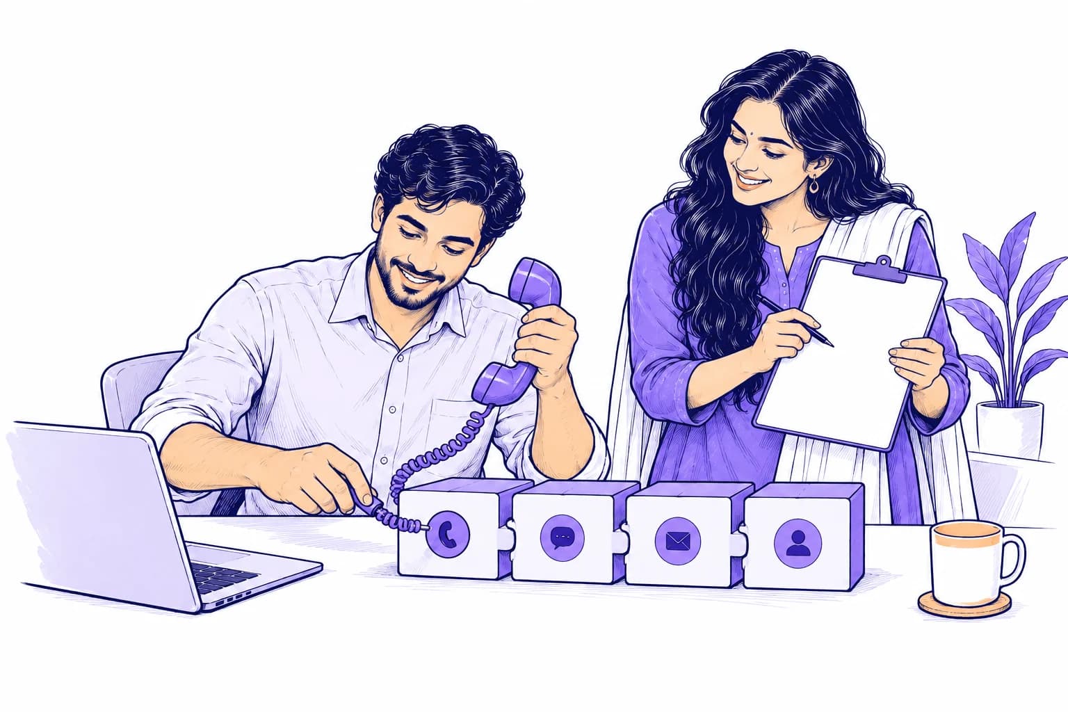 A developer and business teammate connect a telephone to modular voice-agent components.