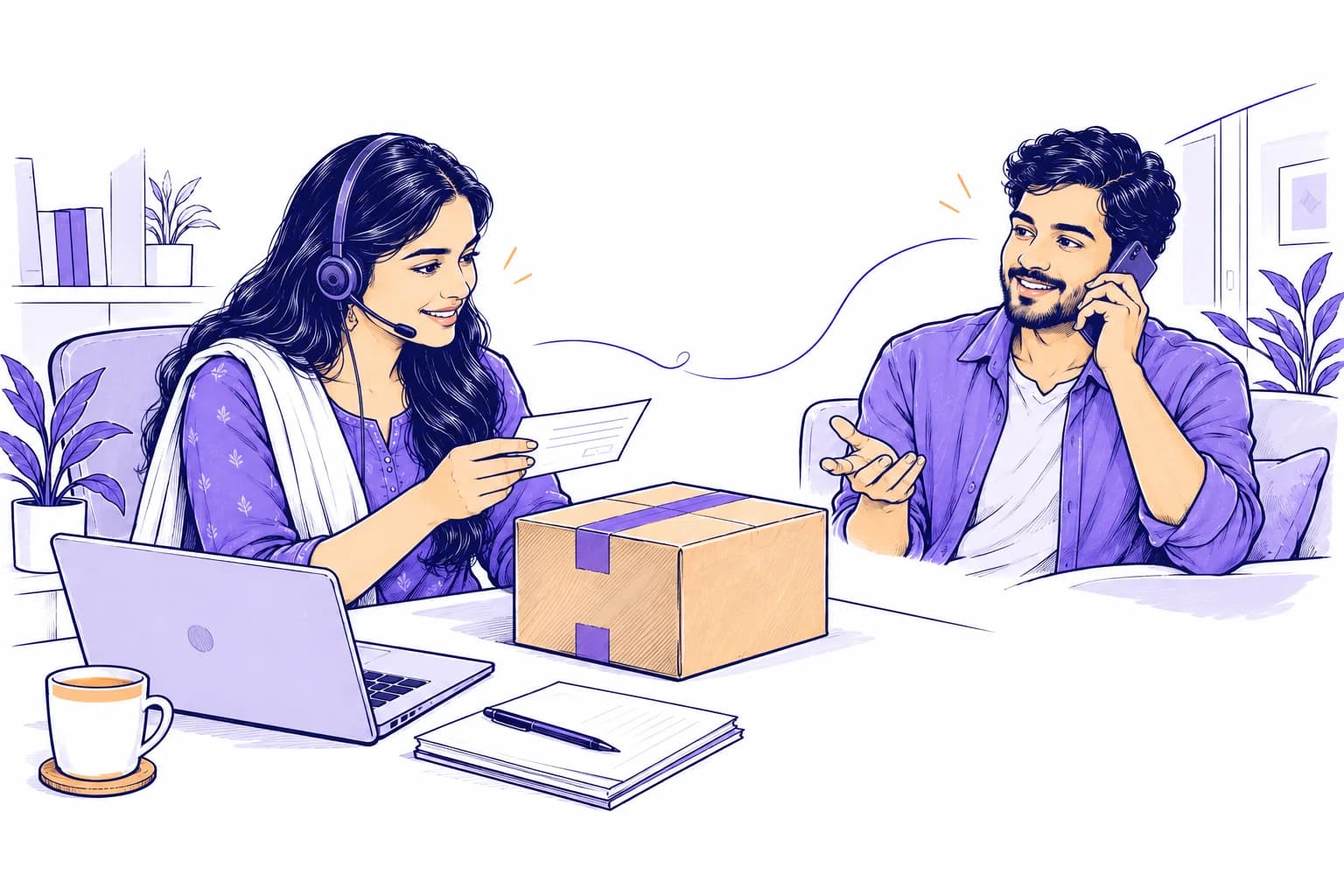 A support professional checks a parcel and order details during a customer call.