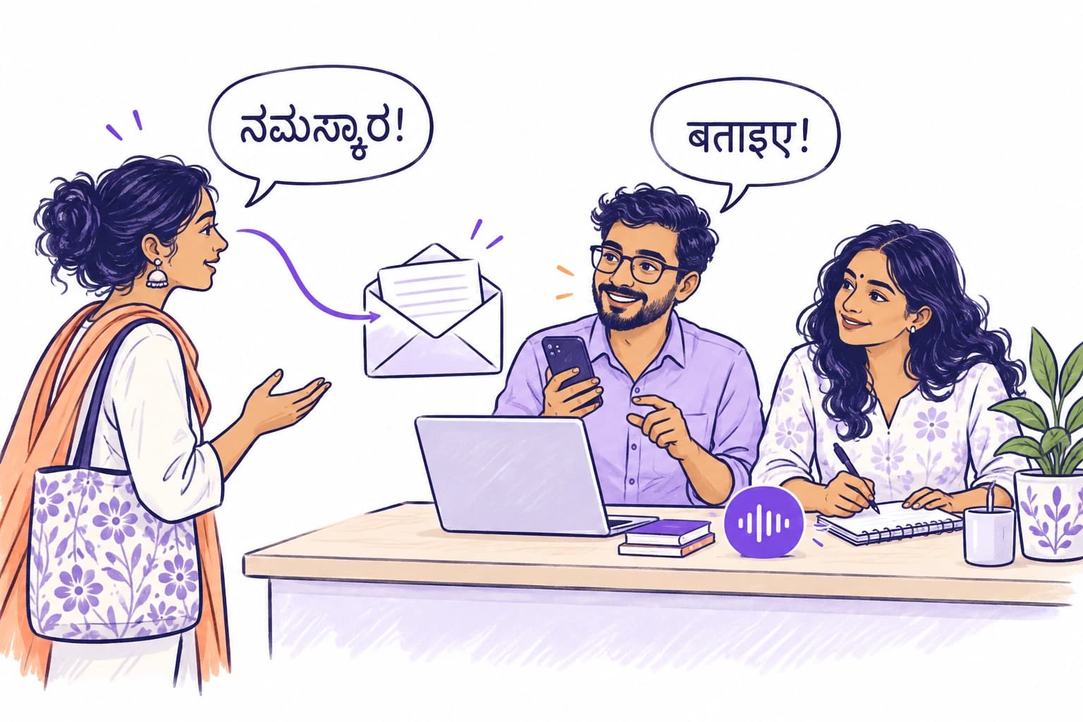 Two colleagues listen to a question and take notes, with Kannada and Hindi speech bubbles welcoming the conversation.