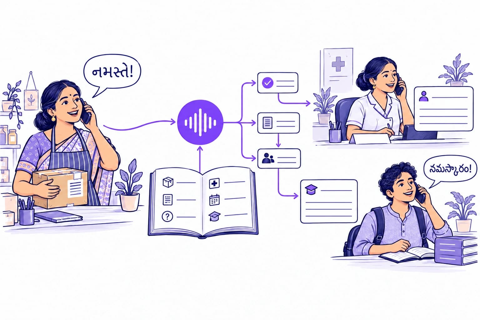 A voice agent uses business knowledge and a workflow to connect a shopkeeper, clinic, and student. Gujarati and Telugu speech bubbles say hello.