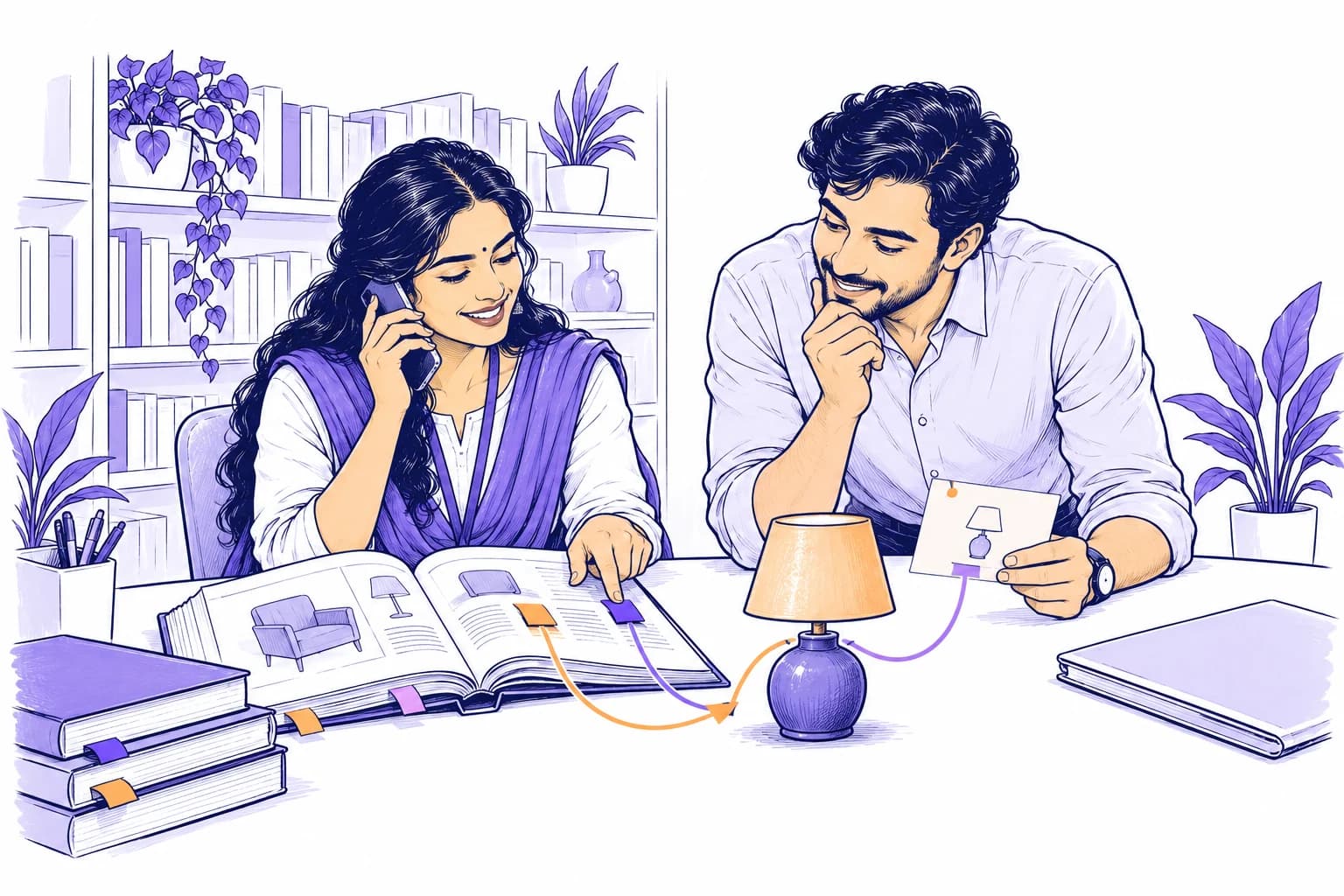 A specialist connects catalogue information, a product and an enquiry during a phone call.