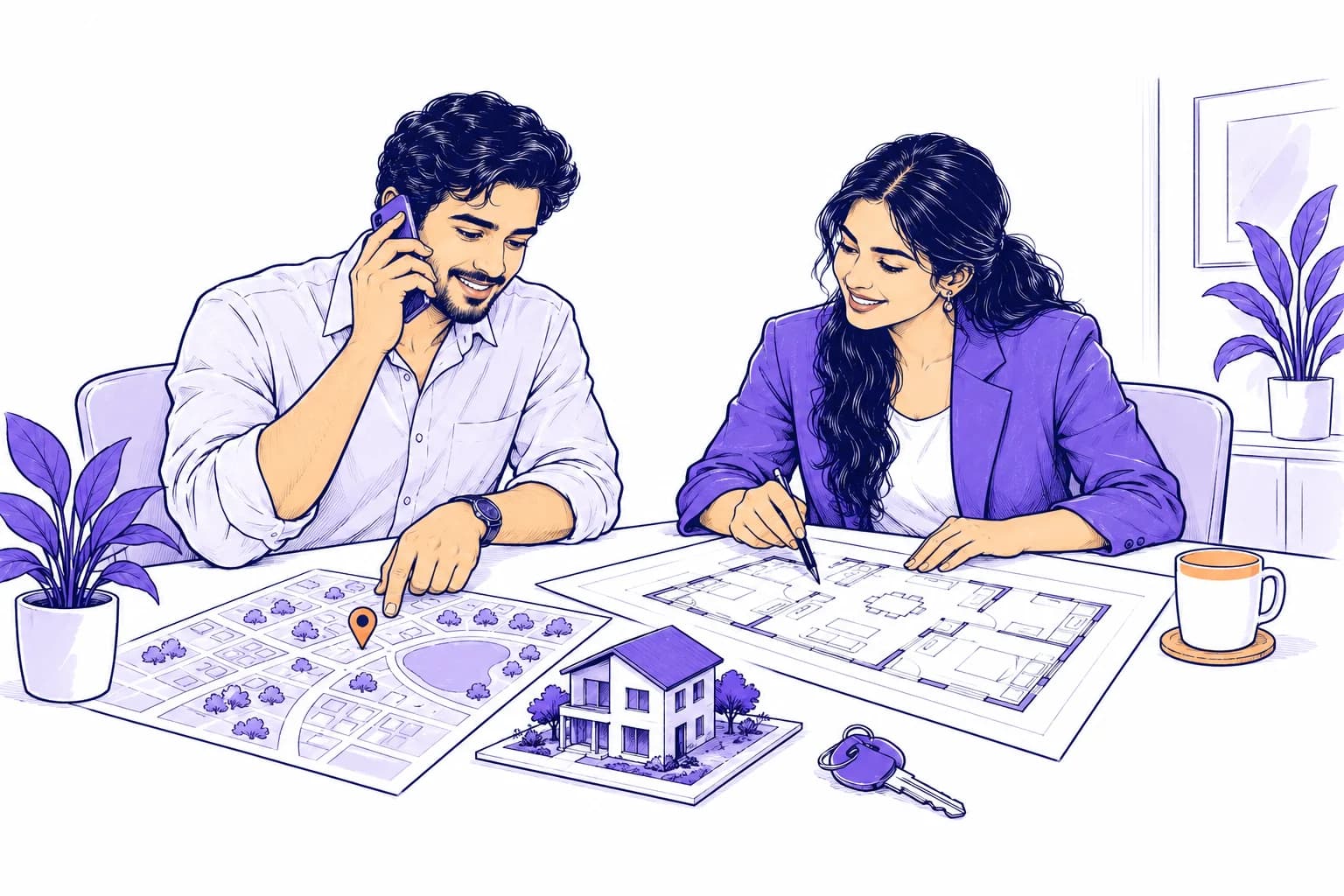 A buyer discusses locality preferences while a property advisor reviews a floor plan.