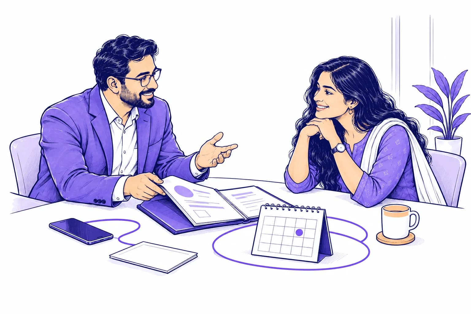 An account manager and customer review a service folder and renewal calendar.