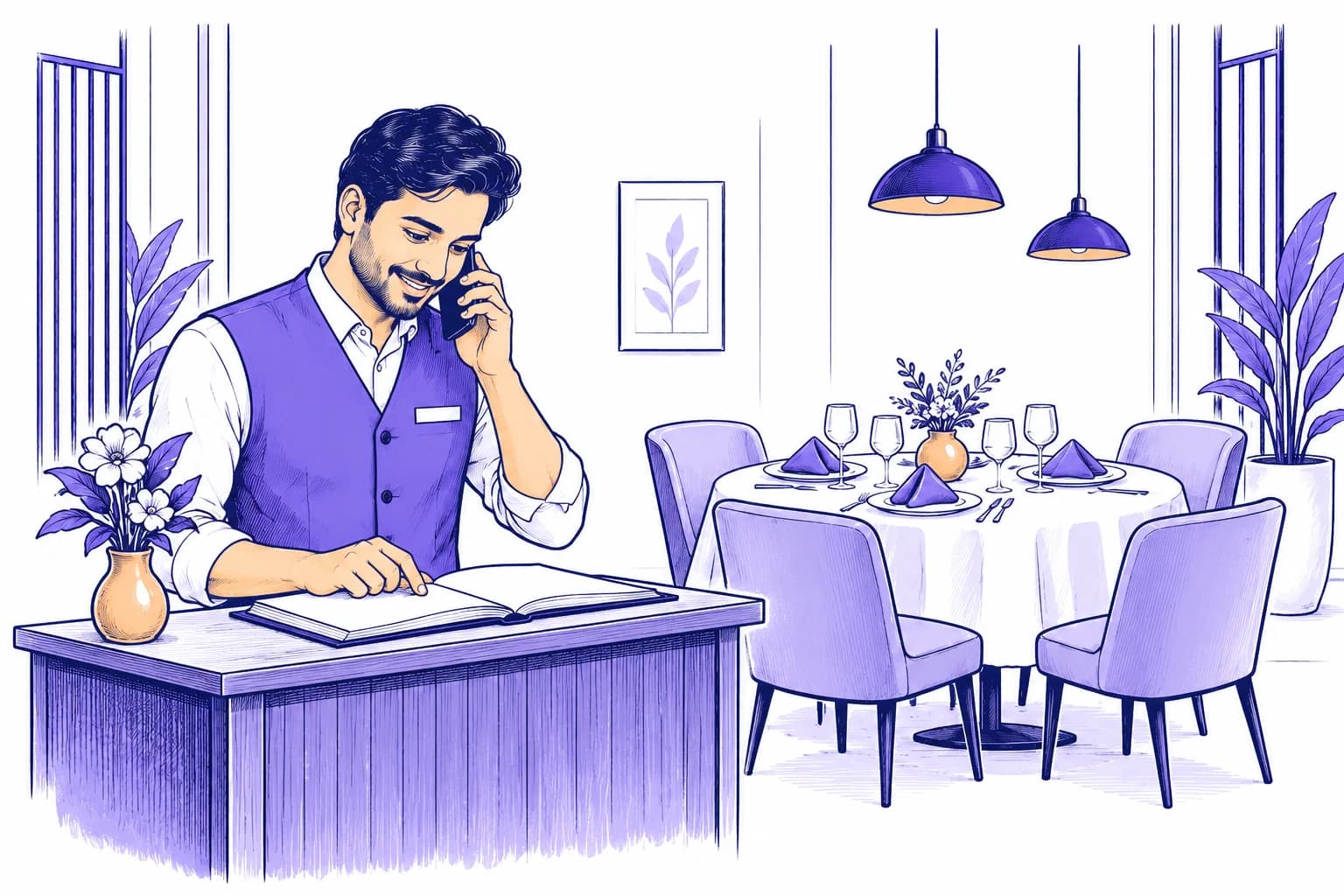 A restaurant host checks a reservation book while speaking to a caller.