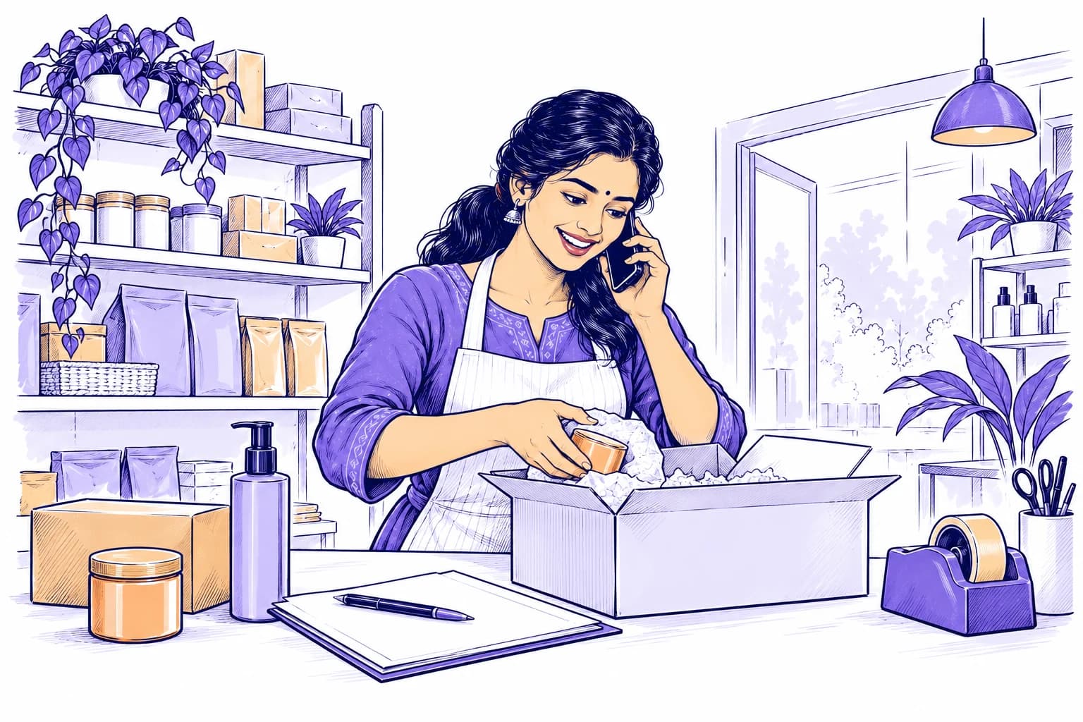 A retailer handles a phone enquiry while checking a product, parcel and order slip.