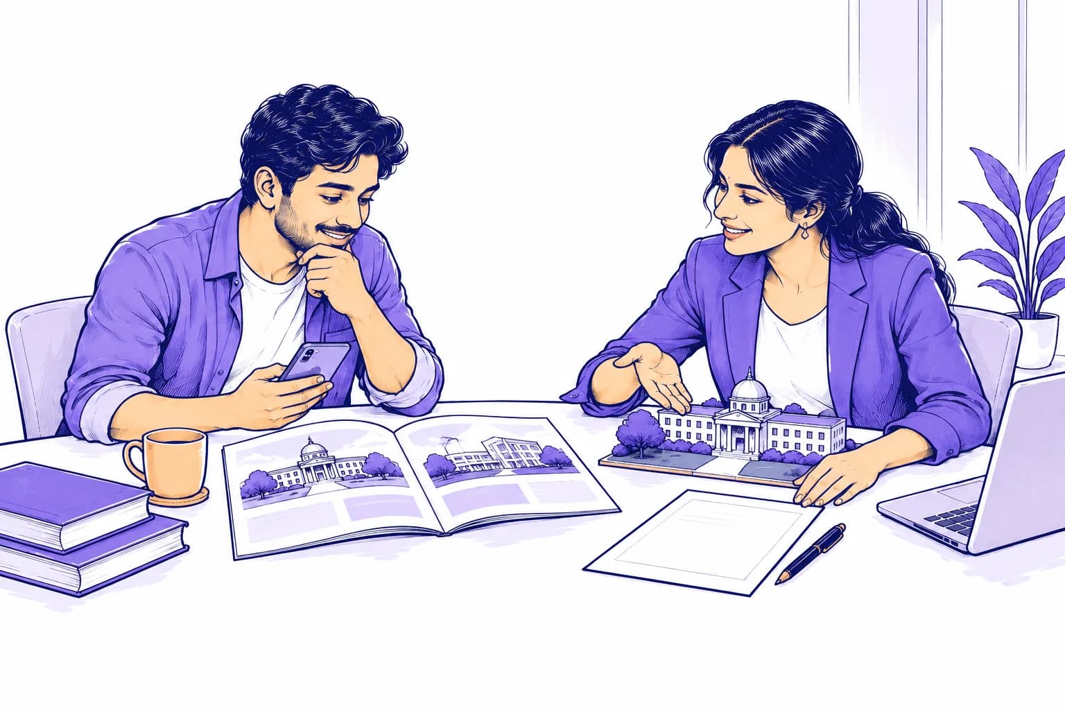 A student compares course booklets while an admissions advisor explains application details.