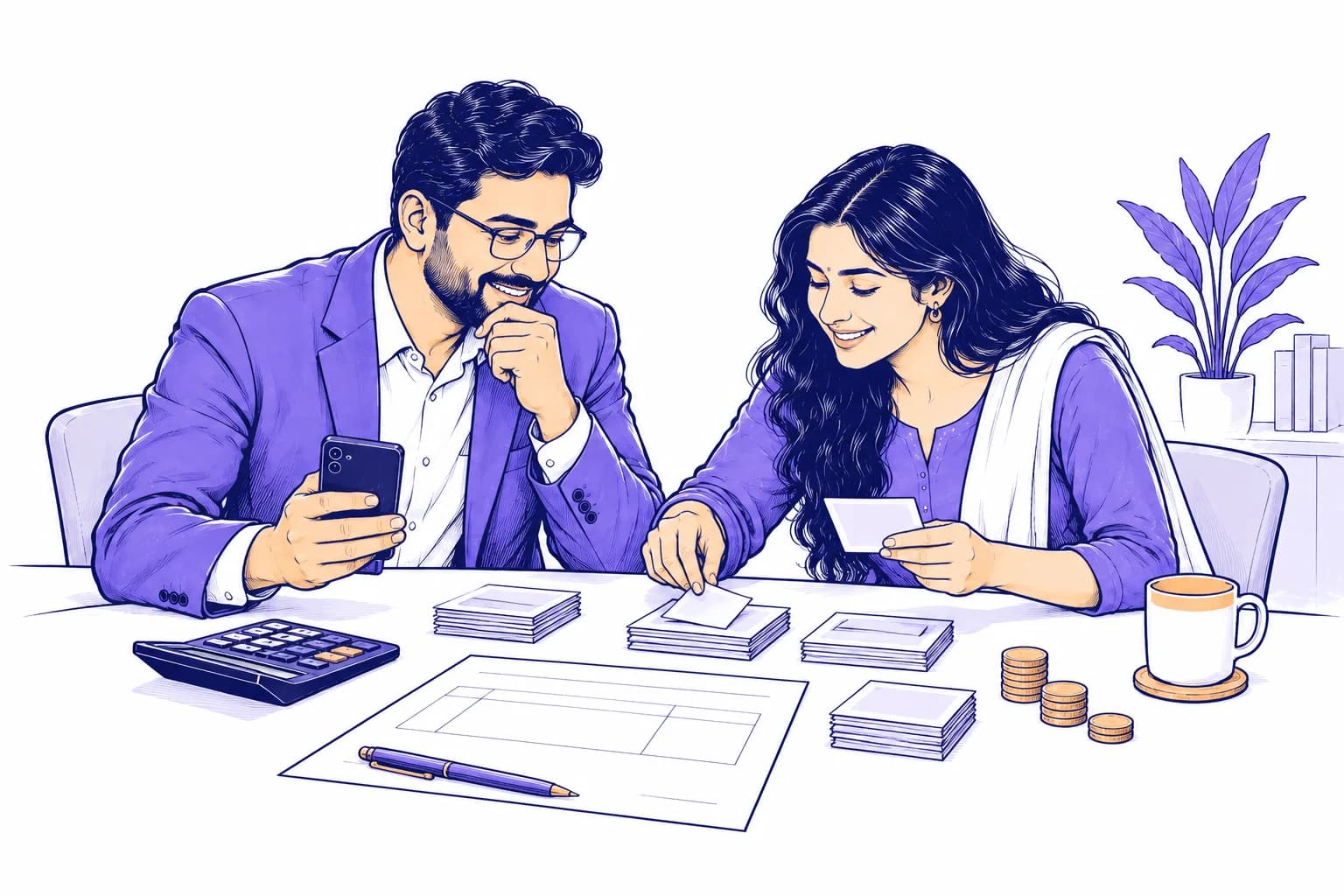 A business owner and finance colleague compare calling costs with invoices and a calculator.