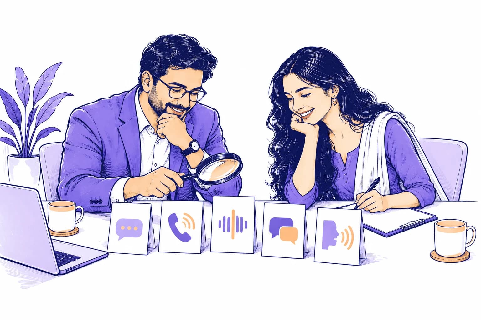 Two business colleagues compare five voice-platform cards with a magnifying glass and clipboard.