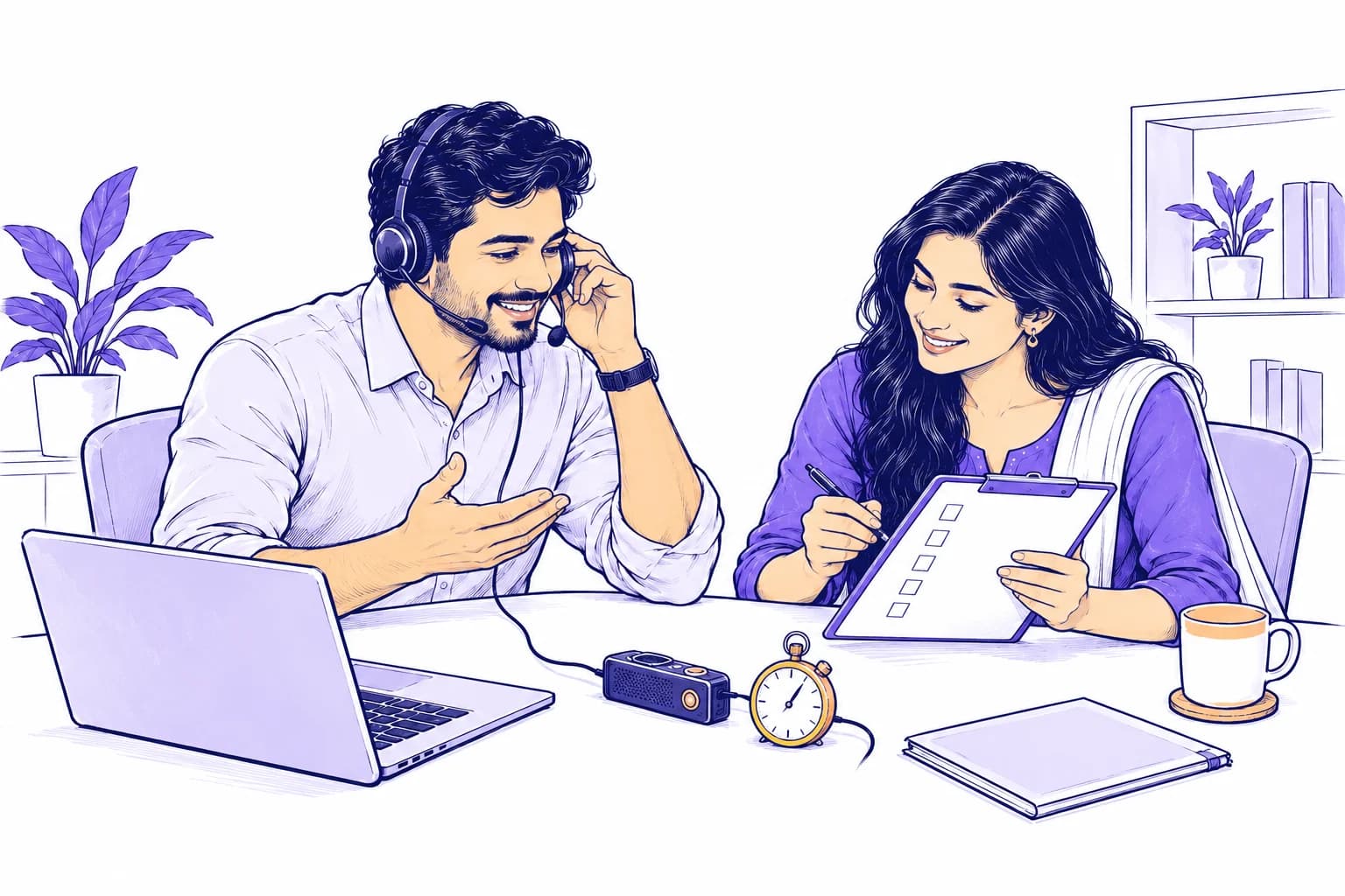 Two colleagues test a voice call using a checklist, stopwatch and recorder.